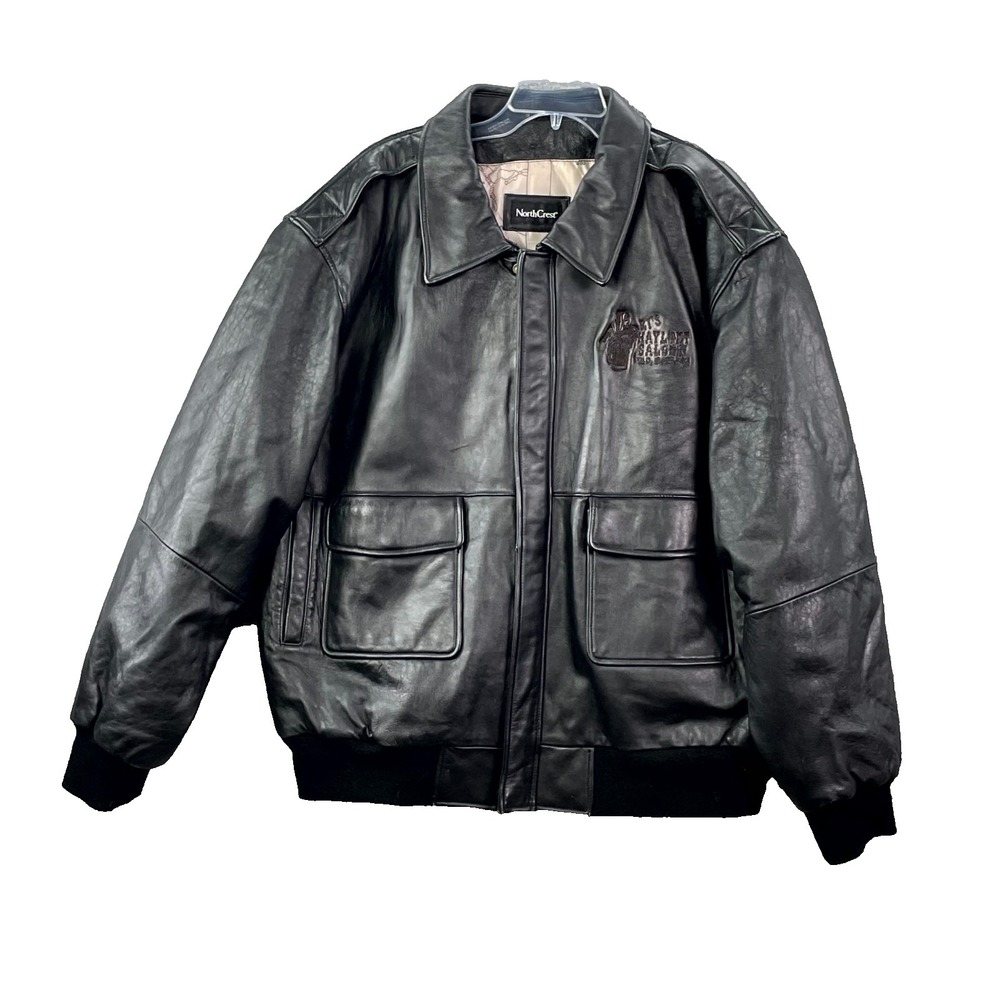 NorthCrest Bomber Jacket Mens 2XL Black Genuine Leather Biker Motorcycle Racer